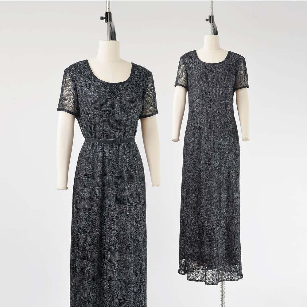 Vintage 90s Black Sheer Lace Metallic Silver Boho Whimsigoth Maxi Dress M L